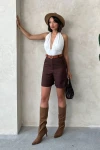 Kahverengi Gabardin Kemerli Şort BCHN-2525735