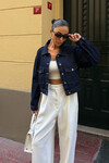 Lacivert Çift Cep Denim Crop Ceket BCDF-255419