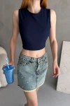 Lacivert Sırtı Kemer Detaylı Kaşkorse Crop Bluz BCDF-252207