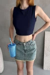 Lacivert Sırtı Kemer Detaylı Kaşkorse Crop Bluz BCDF-252207