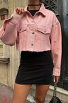 Pembe Çift Cepli Lazer Kesim Yıkamalı Crop Denim Ceket BCDF-235408
