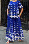 Saks Bisiklet Yaka Desenli Bluz Ve Pantolon Takım BCVL-254002