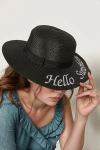 Siyah Hello Sunshine Nakışlı Geniş Hasır Şapka BCNSV-2514390-9