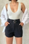 Siyah Kendinden Kemerli Cepli Gabardin Yazlık Şort BCHN-2525289