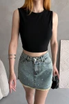 Siyah Sırtı Kemer Detaylı Kaşkorse Crop Bluz BCDF-252207