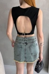 Siyah Sırtı Kemer Detaylı Kaşkorse Crop Bluz BCDF-252207
