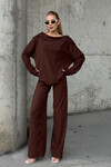 Acı Kahve Düşük Yaka Rahat Kesim Yumuşak Dokulu Bluz Ve Pantolon Alt Üst Takım BCVL-25V234