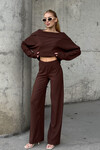 Acı Kahve Düşük Yaka Rahat Kesim Yumuşak Dokulu Bluz Ve Pantolon Alt Üst Takım BCVL-25V234