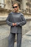 Antrasit Düşük Yaka Rahat Kesim Yumuşak Dokulu Bluz Ve Pantolon Alt Üst Takım BCVL-25V234