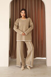 Bej Çizgi Desenli Triko Kazak Ve Yırtmaçlı Pantolon Triko Alt Üst Takım BCES-253008