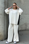 Beyaz Yanları Şeritli Yırtmaç Detaylı Yumuşak Dokulu Bluz Ve Pantolon Alt Üst Takım BCVL-25V230