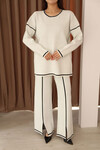 Ekru Çizgi Desenli Triko Kazak Ve Yırtmaçlı Pantolon Triko Alt Üst Takım BCES-253008