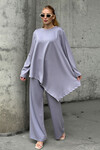 Gri Rahat Kalıp Asimetrik Bluz Ve Pantolon Modal Kumaş Alt Üst Takım BCVL-25V231