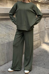 Haki Bisiklet Yaka Yırtmaç Detaylı Bluz Ve Rahat Kesim Pantolon Modal Alt Üst Takım BCVL-25V215