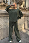 Haki Bisiklet Yaka Yırtmaç Detaylı Bluz Ve Rahat Kesim Pantolon Modal Alt Üst Takım BCVL-25V215