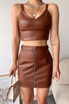 Kahverengi Fermuarlı Suni Deri Cepli Etek BCHN-2526768