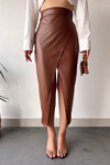 Kahverengi Yüksek Bel Kruvaze Kesim Suni Deri Etek BCHN-25260083