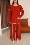 Kırmızı Çizgi Desenli Triko Kazak Ve Yırtmaçlı Pantolon Triko Alt Üst Takım BCES-253008