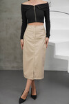 Krem Midi Boy Yırtmaçlı Suni Deri Etek BCHN-2526428