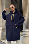 Lacivert Çift Cepli Kapüşonlu Uzun Kışlık Buklet Ceket BCVL-25V221