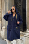 Lacivert Çift Cepli Kapüşonlu Uzun Kışlık Buklet Ceket BCVL-25V221