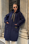 Lacivert Çift Cepli Kapüşonlu Uzun Kışlık Buklet Ceket BCVL-25V221