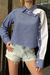 Lacivert Çizgili Kontrast Uzun Kollu Asimetrik Düğme Detaylı Crop Gömlek BCHPK-251209