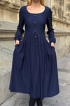 Lacivert Geniş Yaka Düğme Detaylı Çift Cepli Yumuşak Dokulu Kumaş Örme Elbise BCVL-25V239