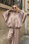 Pudra Polo Yaka Yarasa Kol Fermuarlı Ceket Ve Beli Lastlikli Pantolon Saten Kumaş Takım BCVL-25V214