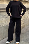 Siyah Bisiklet Yaka Yırtmaç Detaylı Bluz Ve Rahat Kesim Pantolon Modal Alt Üst Takım BCVL-25V215
