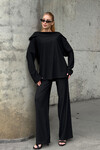 Siyah Düşük Yaka Rahat Kesim Yumuşak Dokulu Bluz Ve Pantolon Alt Üst Takım BCVL-25V234