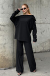 Siyah Düşük Yaka Rahat Kesim Yumuşak Dokulu Bluz Ve Pantolon Alt Üst Takım BCVL-25V234