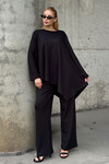 Siyah Rahat Kalıp Asimetrik Bluz Ve Pantolon Modal Kumaş Alt Üst Takım BCVL-25V231