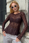 Acı Kahve Bisiklet Yaka Pens Detaylı Tül Bluz BCHZCK-251263