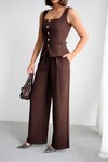 Acı Kahve Brit Detaylı Kare Yaka Crep Bluz Ve Pantolon Alt Üst Takım BCHN-2626844