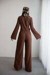 Acı Kahve Geniş Kol Düğme Detaylı Yakalı Bluz Ve Palazzo Pantolon Alt Üst Takım BCHN-2626136