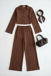 Acı Kahve Geniş Kol Düğme Detaylı Yakalı Bluz Ve Palazzo Pantolon Alt Üst Takım BCHN-2626136