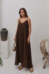 Acı Kahve V Yaka Askılı Uzun Astarlı Salaş Elbise BCRU-261300