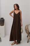 Acı Kahve V Yaka Askılı Uzun Astarlı Salaş Elbise BCRU-261300