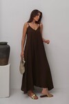 Acı Kahve V Yaka Askılı Uzun Astarlı Salaş Elbise BCRU-261300