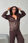 Acı Kahve Yumuşak Dokulu Garnili Kapüşonlu Sweatshirt Ve Pantolon Alt Üst Takım BCHN-25261023