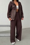 Acı Kahve Yumuşak Dokulu Garnili Kapüşonlu Sweatshirt Ve Pantolon Alt Üst Takım BCHN-25261023