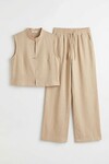 Bej Hakim Yaka Bluz Ve Beli Lastikli Dokuma Pantolon Alt Üst Takım BCHN-2626821