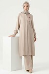 Bej Nakış Detaylı Tensel Tesettür Alt Üst Takım