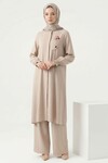 Bej Nakış Detaylı Tensel Tesettür Alt Üst Takım