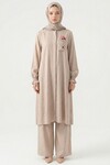 Bej Nakış Detaylı Tensel Tesettür Alt Üst Takım