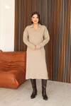 Bej Polo Yaka Midi Boy Triko Elbise BCES-253018