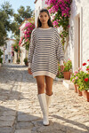 Beyaz Çizgili Bisiklet Yaka Çizgili Triko Mini Elbise BCHPK-251240
