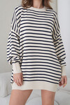 Beyaz Çizgili Bisiklet Yaka Çizgili Triko Mini Elbise BCHPK-251240