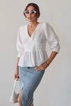 Beyaz V Yaka Dantel Detaylı Keten Bluz BCRU-261287